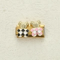 Charm doppia orsetto in acciaio dorato con design smaltato a scacchi rosa e nero - Orsi Misti Nero e Rosa