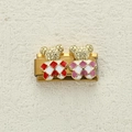 Charm modulare italiano con orsetti smaltati a quadri rossi e viola su base oro - Orsi Misti Rosso e Viola