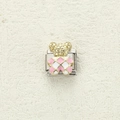 Maillon de bracelet italien avec un adorable ours doré et un motif en émail à carreaux rose - Ours à Damier Rose et Blanc (5)