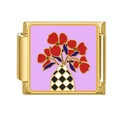 Macro shot of Italian charm link featuring checkered flower vase on purple enamel - Purple Base Red Flower Vase (12)