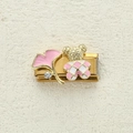 Maglia per bracciale italiano con orsetto dorato e motivo smaltato a scacchi rosa e bianco - Foglia Rosa e Orso Rosa