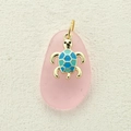 Golden turtle pendant with blue enamel shell on a pink frosted stone for beach style - Blue White Turtle Enamel (6)