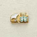 Charm italiano con foglia di ginkgo, zircone e orso a quadretti blu su acciaio dorato - Foglia Bianca e Orso Blu