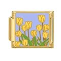 Italian charm link featuring a golden stainless steel frame with yellow tulip enamel pattern - Light Purple Blue Base Yellow Tulip (6)