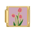 Italian charm link with pink tulips on light purple enamel in gold stainless steel - Light Purple Base Pink Tulip (8)