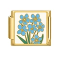 Golden Italian charm link featuring a blue forget-me-not flower on white square inlay - White Base Blue Floral (9)