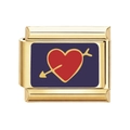 Charm modulare italiano dorato con smalto blu e motivo cuore rosso con freccia - Stile Cuore Freccia di Cupido Blu Scuro