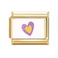 Maglia charm italiana dorata con smalto bianco e cuore viola e giallo per bracciale fai-da-te - Stile Doppio Cuore Viola Giallo su Sfondo Bianco