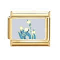 Maglia componibile italiana in acciaio dorato con decorazione a fiori di tulipano - Stile Floreale Tulipano su Sfondo Grigio Blu Chiaro