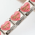 Bracelet à breloques italien en acier inoxydable argenté avec cœurs cerise roses - Style CHERRY Cerise