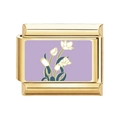 Charm modulare dorato per bracciale con smalto viola e motivo decorativo a tulipano bianco - Stile Tulipano Bianco su Sfondo Viola