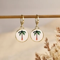 Golden hoop earrings with white enamel palm tree pendants in tropical island style - Palm Tree Style