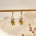 Vintage oval drop earrings with yellow lemon and floral pattern on white base - Yellow Lemon Style (2)