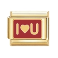 Charm modulare in acciaio dorato con smalto rosso cuore I Love You per bracciale - Stile Lettera Cuore I Love You su Sfondo Rosso