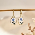 French vintage style oval gold earrings with delicate blue flower motif on white base - Blue Flower Style (4)