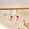 Vintage gold hook earrings with oval red rose embroidery and floral detail - Red Rose Style (5)