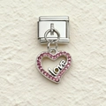 Italienisches Charm-Armband-Glied mit rosa Kristallen und Love-Schriftzug im Herz - Love Buchstabe Herz Anhänger (ZT-MK-293-3)