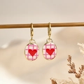 Retro golden hoop earrings with pink checkered oval pendants and red heart patterns - Pink Heart Plaid Style (6)