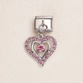 Italienisches Modul-Charm mit verschlungenen Doppelherzen, rosa Kristallen und Silberfinish - Doppelt Verschachteltes Herz Anhänger (ZT-MK-293-4)