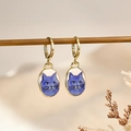 Vintage gold oval hoop earrings featuring a unique blue grumpy cat illustration pendant - Blue Cat Style (8)
