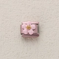 Italienischer Charm-Link mit hellrosa Emaille-Blume auf lila mattiertem Stahl - 3D Fünfblättrige Blume (ZT-MK-287-13)