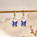 Vintage gold hook earrings featuring oval blue dog portrait charm with enamel finish - French Bulldog Style (9)