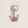 Italian charm link with a silver crown pendant pavé-set with sparkling pink crystals - Pink Rhinestone Crown Pendant (ZT-MK-293-7)