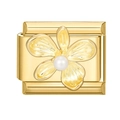 Italian modular charm link in gold with 3D flower petal design and white pearl center - 1.0cm x 0.9cm / Gold Flower Style