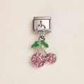 Italian modular charm featuring pink rhinestone cherry pendant for DIY bracelet styling - Pink Rhinestone Cherry Pendant (ZT-MK-293-9)