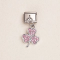 Italian charm link with a pink crystal clover pendant in polished stainless steel finish - Pink Rhinestone Clover Pendant (ZT-MK-293-10)
