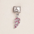 Italian modular link with silver leaf charm and pink rhinestones for DIY bracelets - Pink Rhinestone Leaf Pendant (ZT-MK-293-11)
