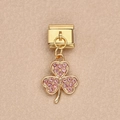 Abalorio modular italiano con colgante de trébol dorado decorado con cristales rosas y strass - Trébol (2)