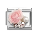 Italian charm link with pink rose flower, pearl, and crystals for DIY charm bracelets - Pink Rose (11)