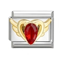 Detail of modular bracelet link with gold heart wings and red pear-shaped gemstone - Red Rhinestone Winged Heart (7)