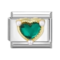 Italian charm link featuring a green heart gemstone and white pearls on a silver base - Green Heart (8)