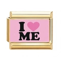 Macro detail of Italian charm link featuring gold plating and I Love Me pink enamel print - Self Identity Letters (2)