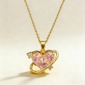 Elegant pink heart planet necklace with golden saturn ring and sparkling crystals - Pink (Gold Chain)