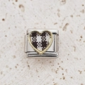 Macro detail of Italian charm link featuring gold heart with black and white checkered pattern - Black and White Checkerboard Heart Style (3)