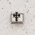 Close-up of Italian charm with gold cross and black crystal stones on steel base - Black Zirconia Gold Cross Style (13)