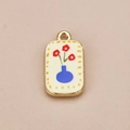 DIY rectangular gold-plated flower vase pendant charm with blue bottle and red flowers - Floral Vase Pendant