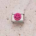 Italian charm link featuring a pink round element with a minimalist black smiley face design - Pink Happy Face (7)