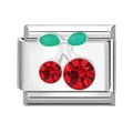 Italian style stainless steel link charm featuring red crystal cherries and green enamel - Cherry Rhinestone (18)