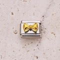 Silver Italian charm bracelet link with a 3D golden bow tie element for jewelry - Silver Base Gold Bow 7