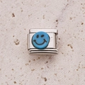 Italian charm bracelet link in silver stainless steel with a light blue smiley face icon - Sky Blue Happy Face (9)