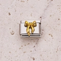 Italian charm bead in silver stainless steel with a polished 3D golden bow element - Polished Gold Bow 9