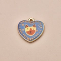 Hand-painted heart-shaped cat pendant in blue and gold finish for DIY jewelry - Blue Heart Cat Pendant