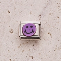 Italian charm bead in silver stainless steel with a purple smiley face design - Purple Happy Face (10)