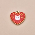 Hand-painted heart-shaped pendant with a white cat motif and golden metal edges - Red Heart Cat Pendant