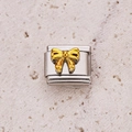 Italian style stainless steel bracelet charm with a gold-tone bow accent on silver base - Smooth Gold Bow 11