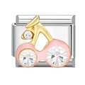 Italian charm link with pink enamel bicycle and white rhinestones in gold finish - Pink Bicycle Rhinestone (26)